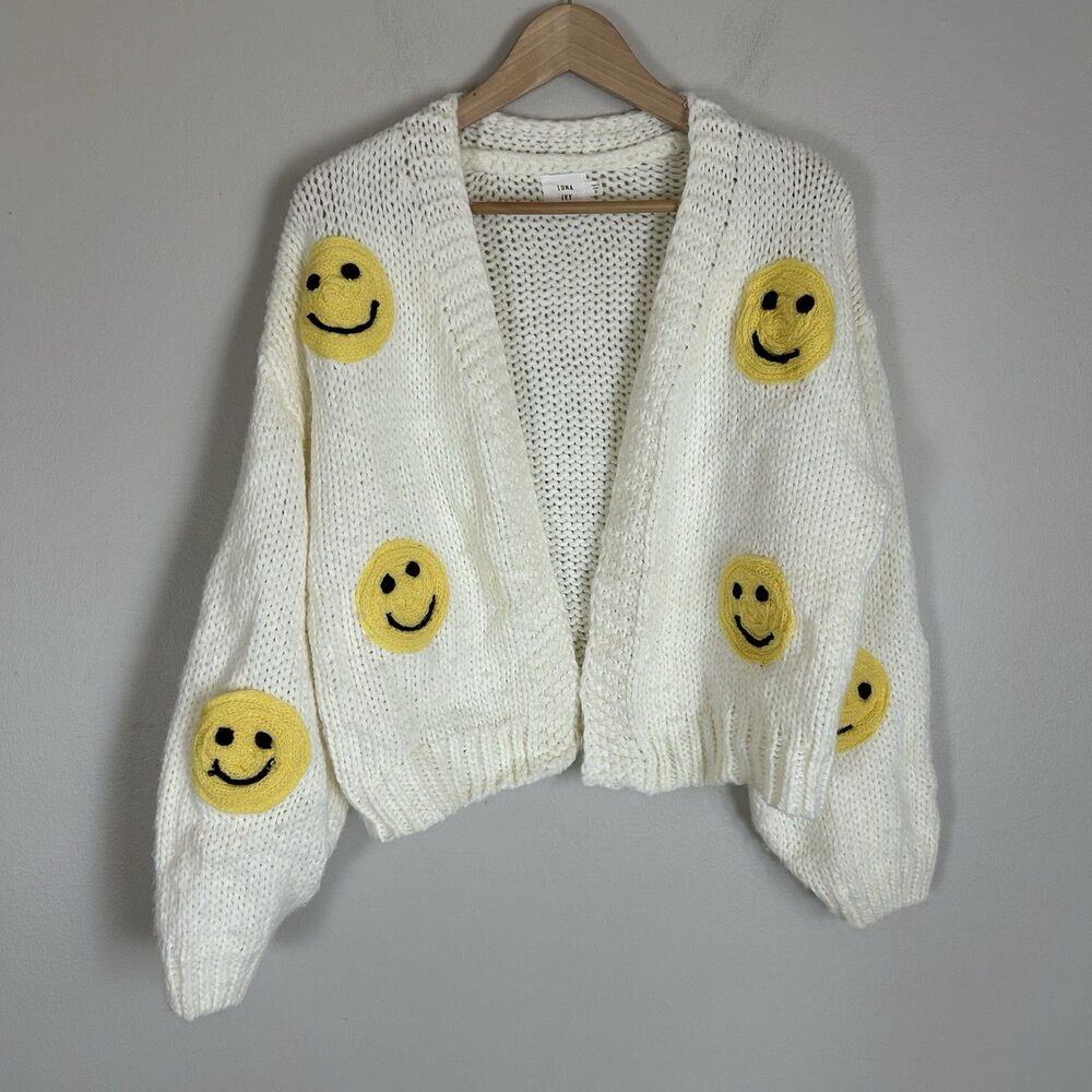 Anthropologie Luna Ivy Chunky Crocheted 3D Knit Cardigan Small Cropped Smiley